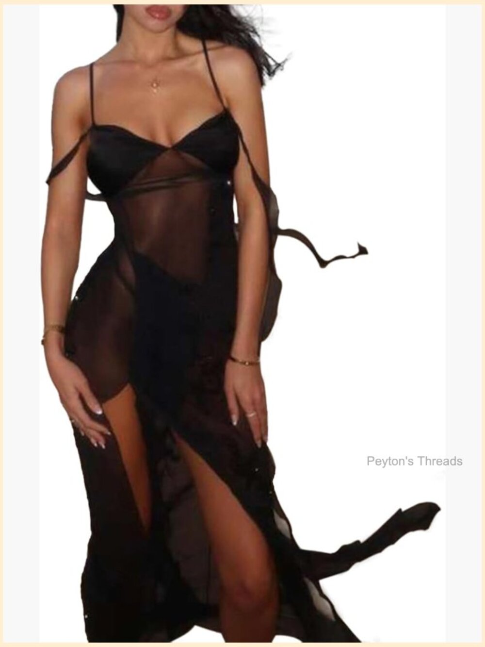 Mesh Sheer See Through V-Neck Maxi Dress Bodycon Spaghetti Straps